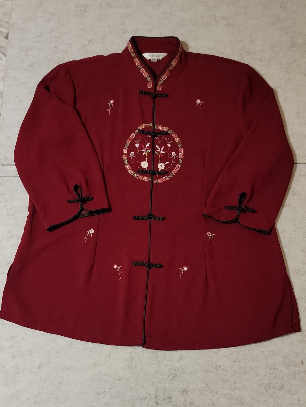 Vintage Member Chinoiserie Crimson Red Frog Closure Embroidered Tunic Top XXXL